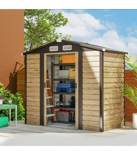 Cobertizo Metálico para Jardín 213x120x166/194 cm con Base Refuerzo Puertas Correderas y Ventilaciones Roble
