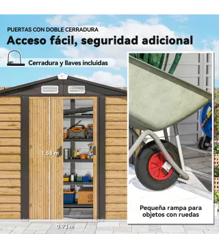 Cobertizo Metálico para Jardín 213x120x166/194 cm con Base Refuerzo Puertas Correderas y Ventilaciones Roble
