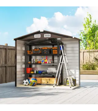 Cobertizo Metálico para Jardín 213x120x166/194 cm con Base Refuerzo Puertas Correderas y Ventilaciones Roble