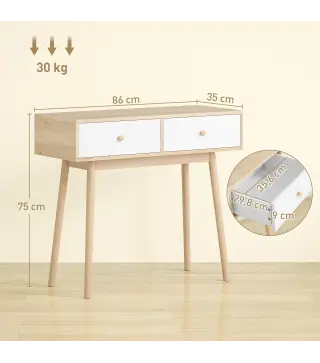 Mesa Consola con 2 Cajones Diseño Moderno en Roble y Blanco para Entrada Salón o Pasillo 86x35x75 cm