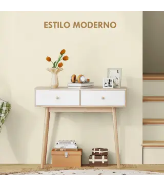 Mesa Consola con 2 Cajones Diseño Moderno en Roble y Blanco para Entrada Salón o Pasillo 86x35x75 cm