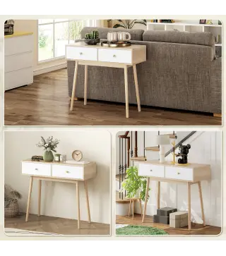 Mesa Consola con 2 Cajones Diseño Moderno en Roble y Blanco para Entrada Salón o Pasillo 86x35x75 cm