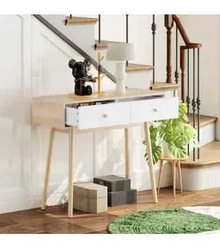 Mesa Consola con 2 Cajones Diseño Moderno en Roble y Blanco para Entrada Salón o Pasillo 86x35x75 cm