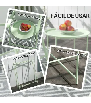 Mesa de Jardín Redonda con Bandeja Extraíble Patas Ajustables y Acabado en Acero para Exterior Ø46x53 cm Verde