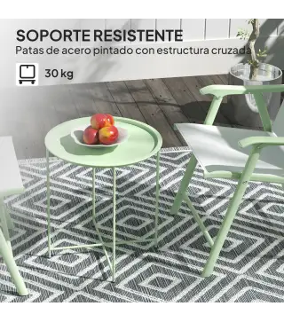 Mesa de Jardín Redonda con Bandeja Extraíble Patas Ajustables y Acabado en Acero para Exterior Ø46x53 cm Verde