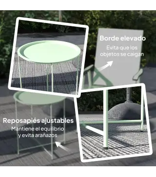 Mesa de Jardín Redonda con Bandeja Extraíble Patas Ajustables y Acabado en Acero para Exterior Ø46x53 cm Verde