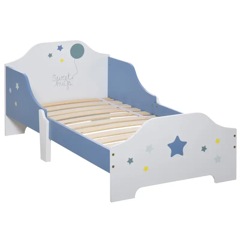 Cama para Niños de +3 Años 143x74x59 cm Cama Infantil de Madera con Estampado con Estrellas Carga 50 kg Azul y Blanco