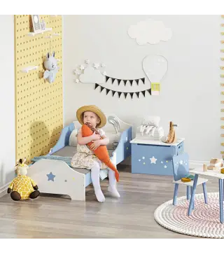 Cama para Ninos de +3 Anos 143x74x59 cm Cama Infantil de Madera con Estampado con Estrellas Carga 50 kg Azul y Blanco