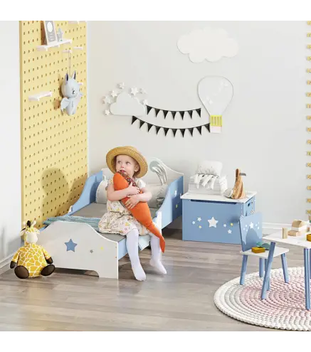 Cama para Niños de +3 Años 143x74x59 cm Cama Infantil de Madera con Estampado con Estrellas Carga 50 kg Azul y Blanco