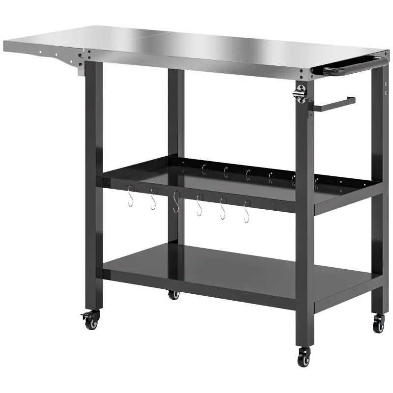 Carrito de Parrilla para Jardín Carro de Servicio con Encimera Estantes Lateral Plegable y Ruedas 116x50x86 cm Negro