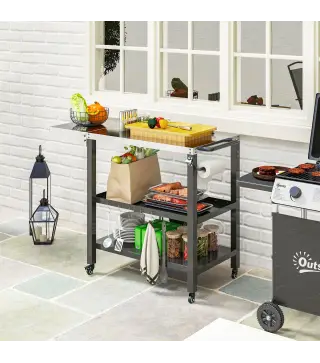 Carrito de Parrilla para Jardín Carro de Servicio con Encimera Estantes Lateral Plegable y Ruedas 116x50x86 cm Negro