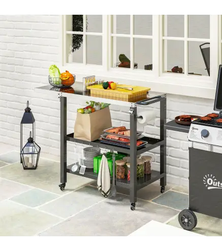 Carrito de Parrilla para Jardín Carro de Servicio con Encimera Estantes Lateral Plegable y Ruedas 116x50x86 cm Negro