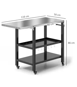 Carrito de Parrilla para Jardín Carro de Servicio con Encimera Estantes Lateral Plegable y Ruedas 116x50x86 cm Negro