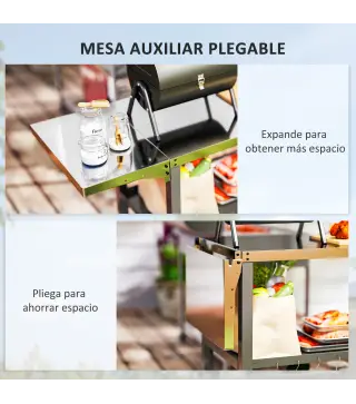 Carrito de Parrilla para Jardín Carro de Servicio con Encimera Estantes Lateral Plegable y Ruedas 116x50x86 cm Negro