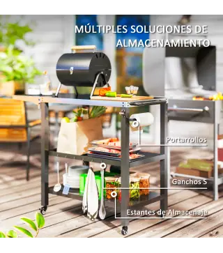 Carrito de Parrilla para Jardín Carro de Servicio con Encimera Estantes Lateral Plegable y Ruedas 116x50x86 cm Negro
