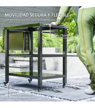 Carrito de Parrilla para Jardín Carro de Servicio con Encimera Estantes Lateral Plegable y Ruedas 116x50x86 cm Negro