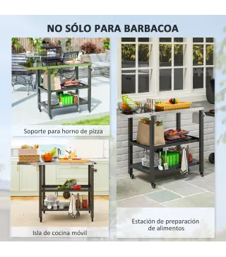 Carrito de Parrilla para Jardín Carro de Servicio con Encimera Estantes Lateral Plegable y Ruedas 116x50x86 cm Negro
