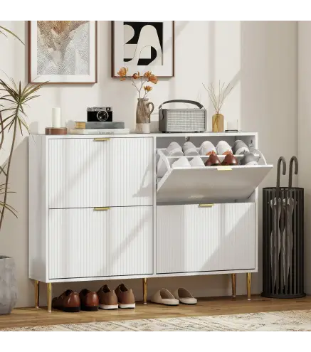 Zapatero Estrecho con 4 Puertas Acanaladas con Estantes Ajustables para 20 Pares de Zapatos 105x24x91,5 cm Blanco