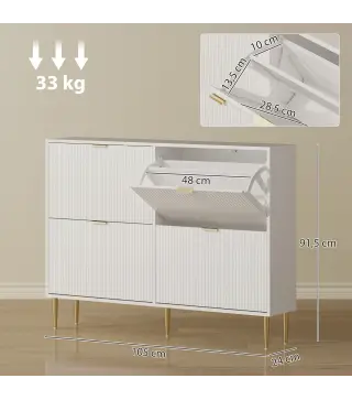 Zapatero Estrecho con 4 Puertas Acanaladas con Estantes Ajustables para 20 Pares de Zapatos 105x24x91,5 cm Blanco