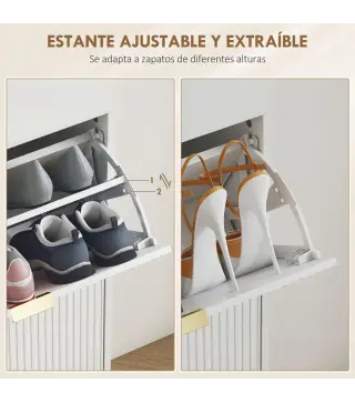 Zapatero Estrecho con 4 Puertas Acanaladas con Estantes Ajustables para 20 Pares de Zapatos 105x24x91,5 cm Blanco