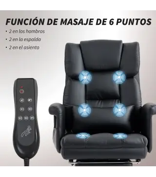 Silla de Oficina con 6 Puntos de Masaje Reposapiés Retráctil Altura Ajustable Control Remoto y Soporte Lumbar Negro