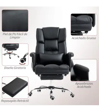 Silla de Oficina con 6 Puntos de Masaje Reposapiés Retráctil Altura Ajustable Control Remoto y Soporte Lumbar Negro