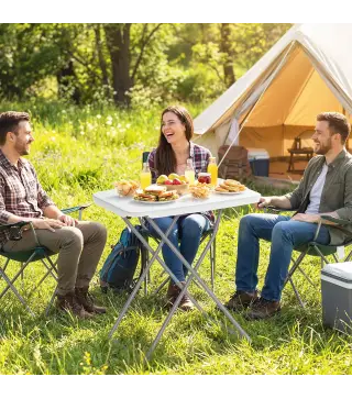 Mesa Plegable Camping Portátil con Altura Ajustable en 5 Niveles Encimera de HDPE y Marco Metálico 75x50x73,5 cm Blanco