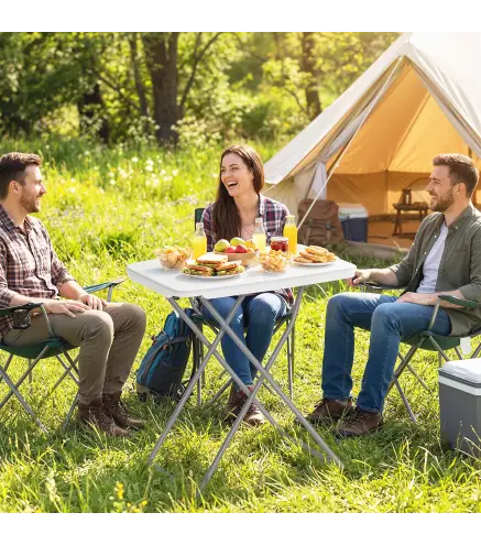 Mesa Plegable Camping Portátil con Altura Ajustable en 5 Niveles Encimera de HDPE y Marco Metálico 75x50x73,5 cm Blanco