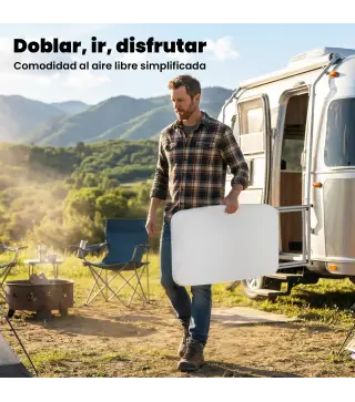 Mesa Plegable Camping Portátil con Altura Ajustable en 5 Niveles Encimera de HDPE y Marco Metálico 75x50x73,5 cm Blanco