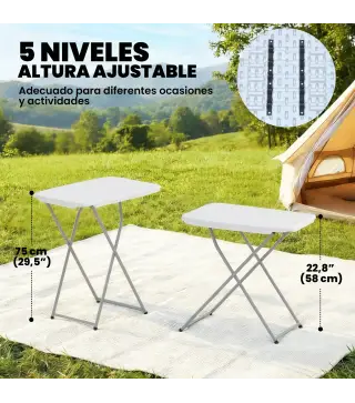 Mesa Plegable Camping Portátil con Altura Ajustable en 5 Niveles Encimera de HDPE y Marco Metálico 75x50x73,5 cm Blanco