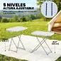 Mesa Plegable Camping Portátil con Altura Ajustable en 5 Niveles Encimera de HDPE y Marco Metálico 75x50x73,5 cm Blanco
