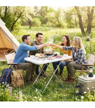 Mesa Plegable Camping Portátil con Altura Ajustable en 5 Niveles Encimera de HDPE y Marco Metálico 75x50x73,5 cm Blanco