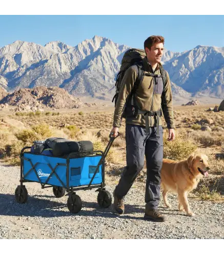 Carro de Jardín Plegable con Ruedas Bloqueables Mango Ajustable Portavasos Carga 80 kg para Campaña 85x50x99 cm Azul