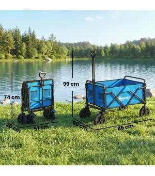 Carro de Jardín Plegable con Ruedas Bloqueables Mango Ajustable Portavasos Carga 80 kg para Campaña 85x50x99 cm Azul