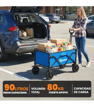 Carro de Jardín Plegable con Ruedas Bloqueables Mango Ajustable Portavasos Carga 80 kg para Campaña 85x50x99 cm Azul