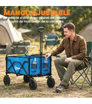 Carro de Jardín Plegable con Ruedas Bloqueables Mango Ajustable Portavasos Carga 80 kg para Campaña 85x50x99 cm Azul
