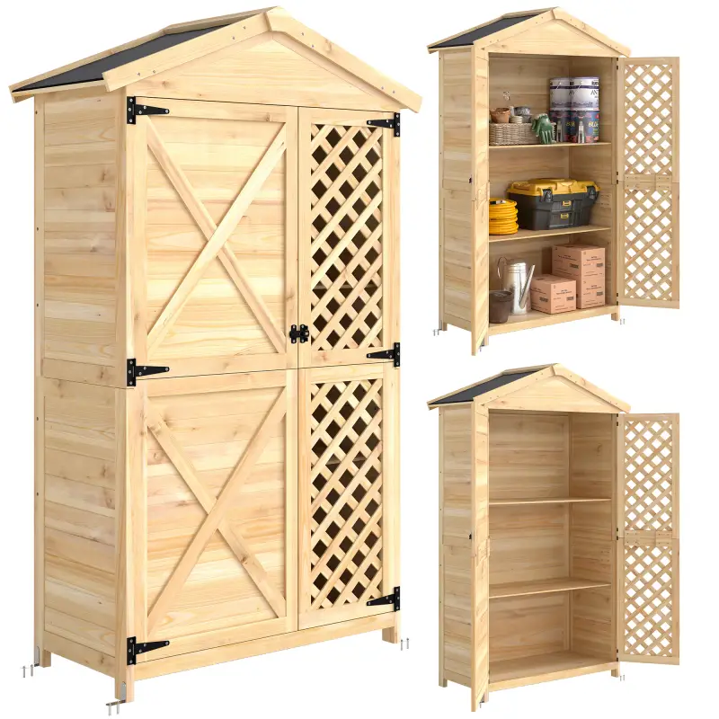 Armario de Exterior de Madera con Techo Inclinado Asfalto 2 Puertas con Pestillo 2 Estantes 101,5x49x176 cm Natural