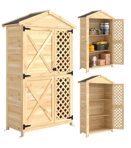 Armario de Exterior de Madera con Techo Inclinado Asfalto 2 Puertas con Pestillo 2 Estantes 101,5x49x176 cm Natural