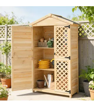 Armario de Exterior de Madera con Techo Inclinado Asfalto 2 Puertas con Pestillo 2 Estantes 101,5x49x176 cm Natural