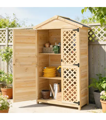 Armario de Exterior de Madera con Techo Inclinado Asfalto 2 Puertas con Pestillo 2 Estantes 101,5x49x176 cm Natural