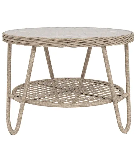 Mesa de Jardín Exterior de Ratán Mesita Auxiliar de Jardín con Estante Tablero de Vidrio Templado 65x65x50 cm Amarillo