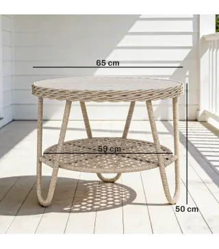 Mesa de Jardín Exterior de Ratán Mesita Auxiliar de Jardín con Estante Tablero de Vidrio Templado 65x65x50 cm Amarillo