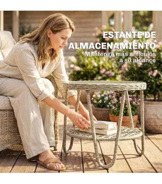 Mesa de Jardín Exterior de Ratán Mesita Auxiliar de Jardín con Estante Tablero de Vidrio Templado 65x65x50 cm Amarillo