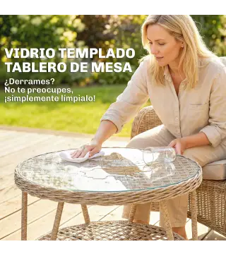 Mesa de Jardín Exterior de Ratán Mesita Auxiliar de Jardín con Estante Tablero de Vidrio Templado 65x65x50 cm Amarillo