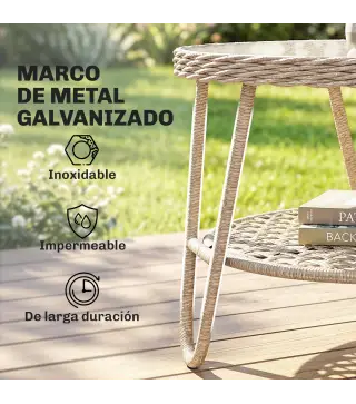 Mesa de Jardín Exterior de Ratán Mesita Auxiliar de Jardín con Estante Tablero de Vidrio Templado 65x65x50 cm Amarillo