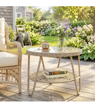 Mesa de Jardín Exterior de Ratán Mesita Auxiliar de Jardín con Estante Tablero de Vidrio Templado 65x65x50 cm Amarillo