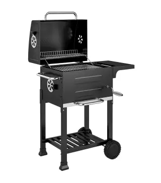 Barbacoa de Carbón Portátil con Parrilla de Acero Inoxidable Estante Lateral Termómetro Bandeja y Ruedas Negro