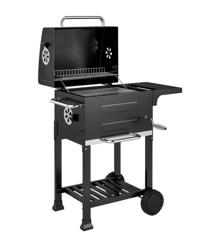Barbacoa de Carbón Portátil con Parrilla de Acero Inoxidable Estante Lateral Termómetro Bandeja y Ruedas Negro