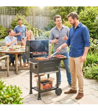 Barbacoa de Carbón Portátil con Parrilla de Acero Inoxidable Estante Lateral Termómetro Bandeja y Ruedas Negro