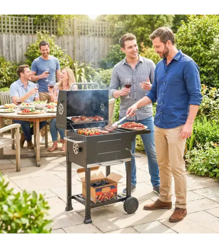 Barbacoa de Carbón Portátil con Parrilla de Acero Inoxidable Estante Lateral Termómetro Bandeja y Ruedas Negro